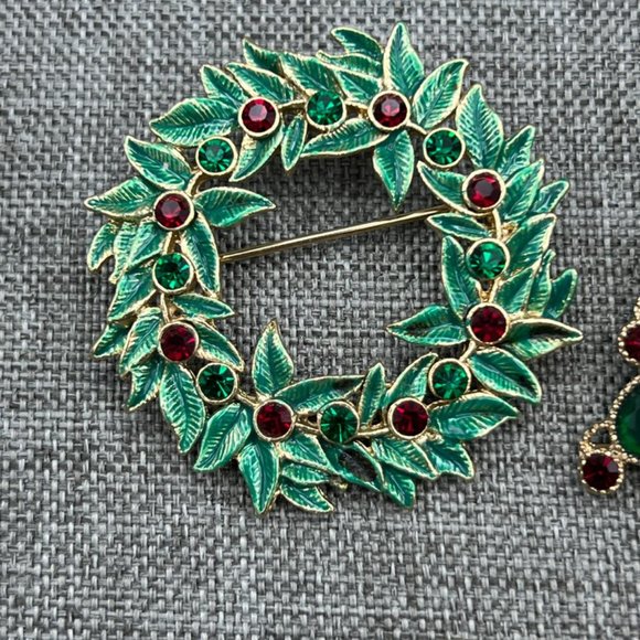 6 Festive Enamel & Rhinestone Christmas Tree Wreath Brooch Pin - Picture 7 of 15